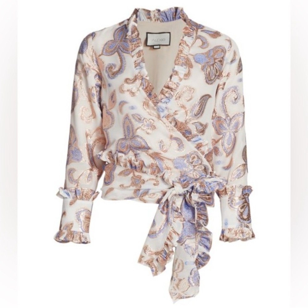 Alexis Pink Paisley Satin Ruffle Tie-Front Blouse - Picture 3 of 11